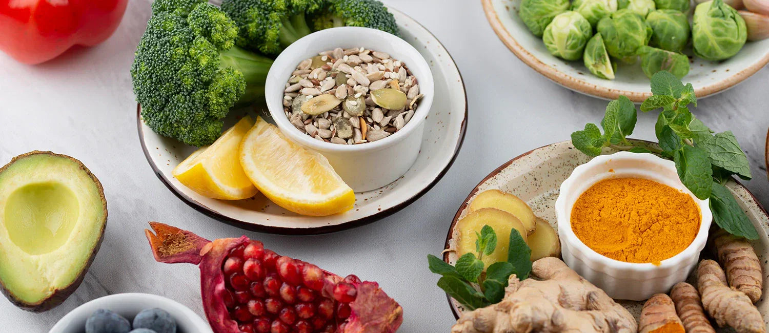 Anti-inflammatory diet foods including salmon, broccoli, turmeric, avocado and nuts